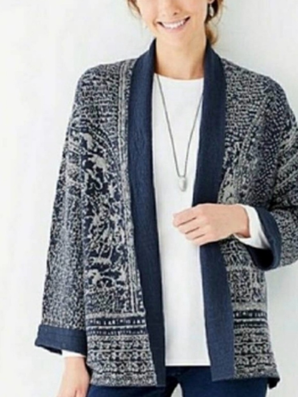 J. Jill Pure Jill Artisanal Jacquard Kimono Cardigan Sweater blue size XL